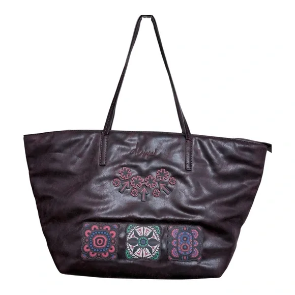 Desigual Bols Bold Sicilia Zipper Large Tote Bag In Burgundy - Picture 3 of 8